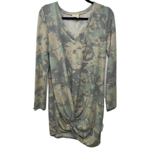 FANTASTIC FAWN V Neck Camo Tie Dye Sweatshirt Dress Tunic Pastel Boho Women M - Picture 1 of 10